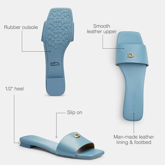COACH Women's Sculpt C Logo Leather Slide Flat Sandals Sz 8 Bluebell - Picture 3 of 4